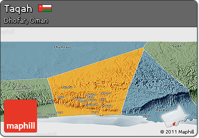 Political Panoramic Map of Taqah, semi-desaturated