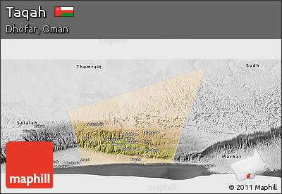 Satellite Panoramic Map of Taqah, desaturated