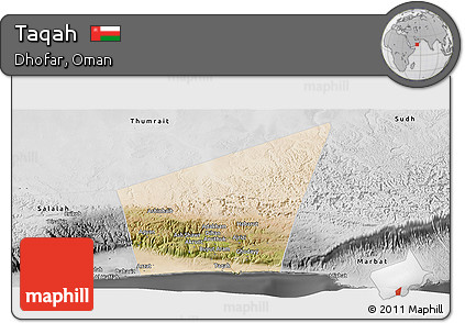 Satellite Panoramic Map of Taqah, desaturated