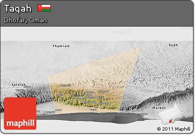 Satellite Panoramic Map of Taqah, desaturated