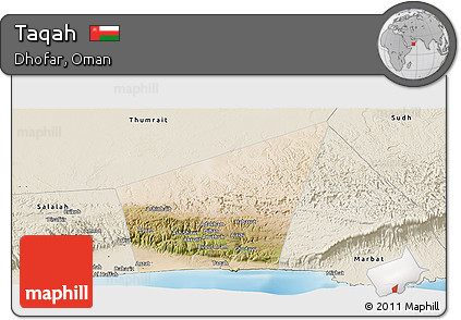 Satellite Panoramic Map of Taqah, shaded relief outside