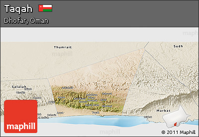 Satellite Panoramic Map of Taqah, shaded relief outside