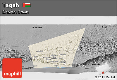 Shaded Relief Panoramic Map of Taqah, darken, desaturated