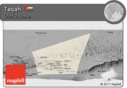 Shaded Relief Panoramic Map of Taqah, darken, desaturated