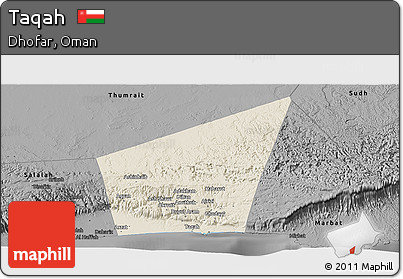 Shaded Relief Panoramic Map of Taqah, darken, desaturated