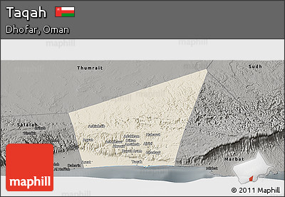 Shaded Relief Panoramic Map of Taqah, darken, semi-desaturated