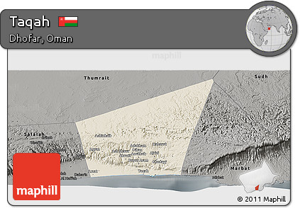 Shaded Relief Panoramic Map of Taqah, darken, semi-desaturated