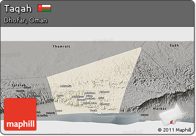 Shaded Relief Panoramic Map of Taqah, darken, semi-desaturated