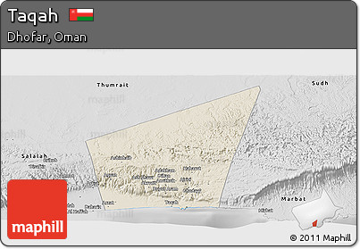 Shaded Relief Panoramic Map of Taqah, desaturated