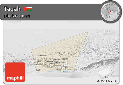 Shaded Relief Panoramic Map of Taqah, lighten, desaturated