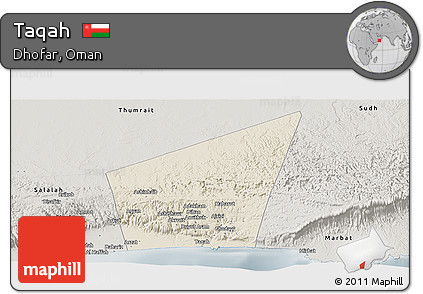 Shaded Relief Panoramic Map of Taqah, semi-desaturated