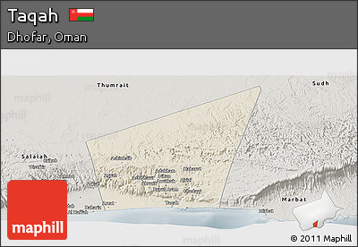 Shaded Relief Panoramic Map of Taqah, semi-desaturated