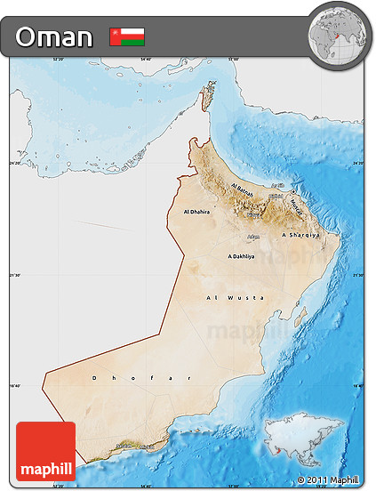 Satellite Map of Oman, single color outside, bathymetry sea, shaded relief sea