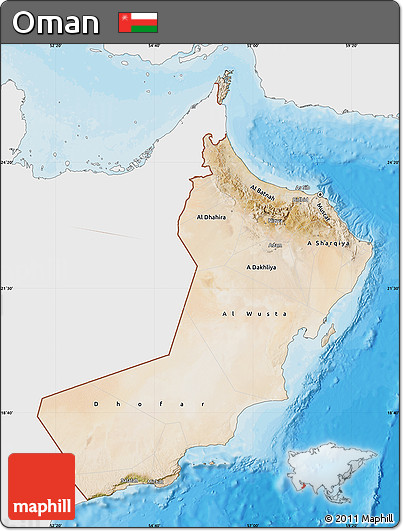 Satellite Map of Oman, single color outside, bathymetry sea, shaded relief sea
