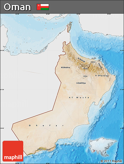 Satellite Map of Oman, single color outside, bathymetry sea, shaded relief sea
