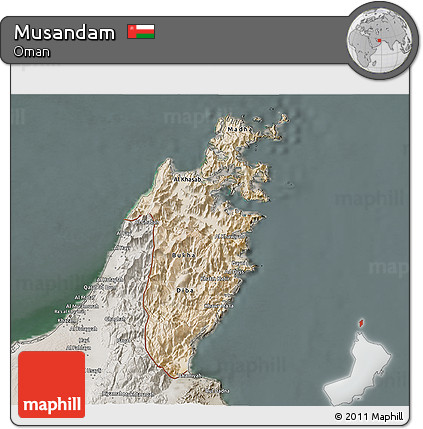 Satellite 3D Map of Musandam, semi-desaturated