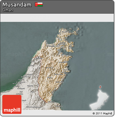 Satellite 3D Map of Musandam, semi-desaturated