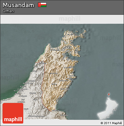 Satellite 3D Map of Musandam, semi-desaturated