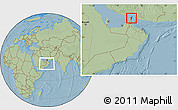 Savanna Style Location Map of Musandam, within the entire country, hill shading