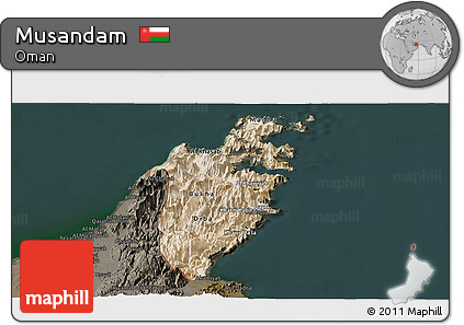 Satellite Panoramic Map of Musandam, darken