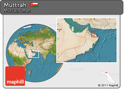 Satellite Location Map of Muttrah, highlighted parent region, within the entire country