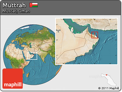 Satellite Location Map of Muttrah, highlighted parent region, within the entire country