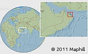 Savanna Style Location Map of Muttrah, within the entire country, hill shading