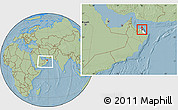 Savanna Style Location Map of Muttrah, highlighted parent region, within the entire country, hill shading