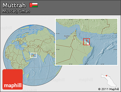 Savanna Style Location Map of Muttrah, highlighted parent region, hill shading