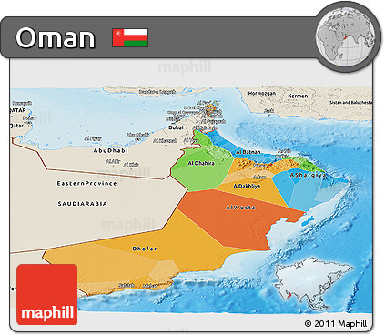 Political Panoramic Map of Oman, shaded relief outside