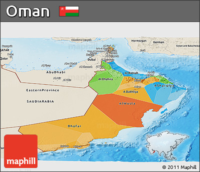Political Panoramic Map of Oman, shaded relief outside
