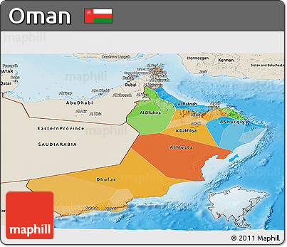 Political Panoramic Map of Oman, shaded relief outside