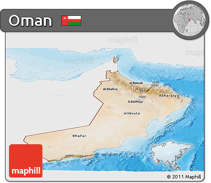Satellite Panoramic Map of Oman, single color outside, bathymetry sea, shaded relief sea