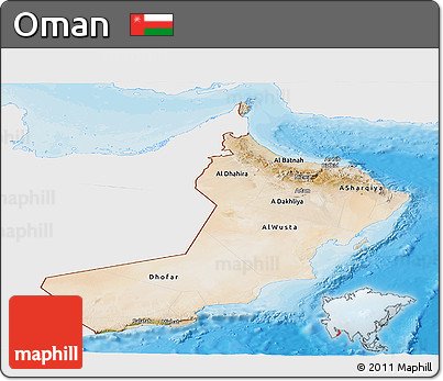 Satellite Panoramic Map of Oman, single color outside, bathymetry sea, shaded relief sea