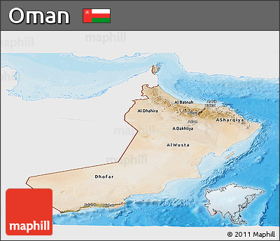 Satellite Panoramic Map of Oman, single color outside, bathymetry sea, shaded relief sea