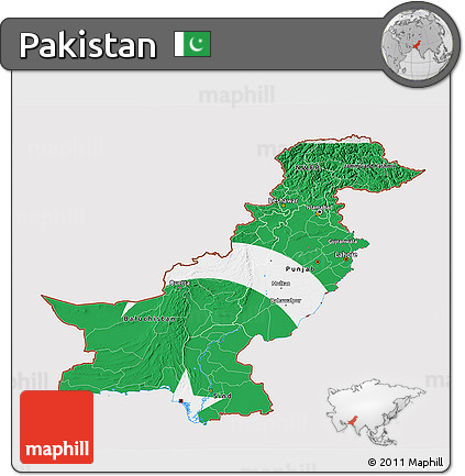 Flag 3D Map of Pakistan, flag aligned to the middle