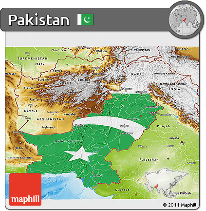 Flag 3D Map of Pakistan, physical outside, flag rotated