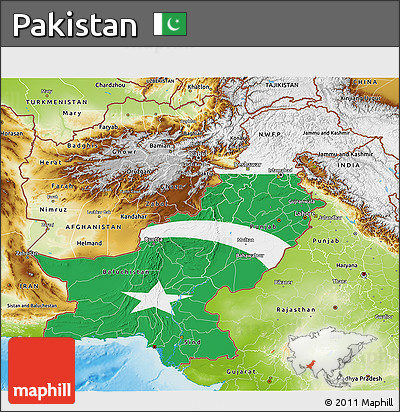 Flag 3D Map of Pakistan, physical outside, flag rotated