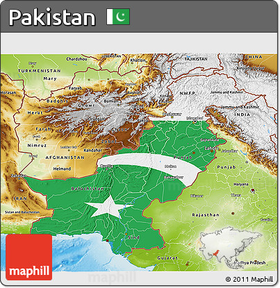 Flag 3D Map of Pakistan, physical outside, flag rotated