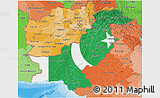 Flag 3D Map of Pakistan, political shades outside, flag centered