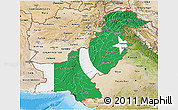 Flag 3D Map of Pakistan, satellite outside, bathymetry sea, flag centered