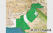 Flag 3D Map of Pakistan, satellite outside, flag centered