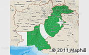 Flag 3D Map of Pakistan, shaded relief outside, bathymetry sea, flag centered