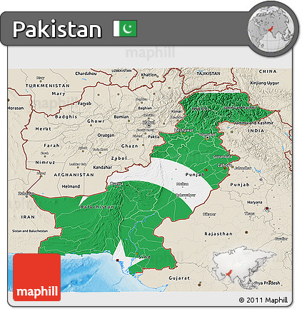 Flag 3D Map of Pakistan, shaded relief outside, bathymetry sea, flag aligned to the middle