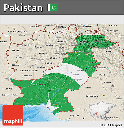 Flag 3D Map of Pakistan, shaded relief outside, bathymetry sea, flag aligned to the middle