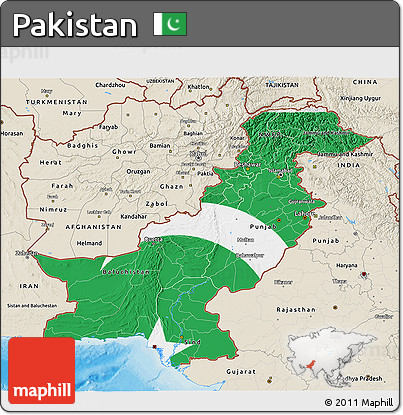Flag 3D Map of Pakistan, shaded relief outside, bathymetry sea, flag aligned to the middle