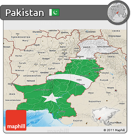 Flag 3D Map of Pakistan, shaded relief outside, flag rotated
