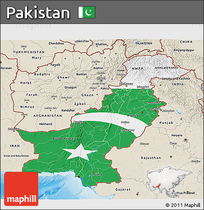 Flag 3D Map of Pakistan, shaded relief outside, flag rotated