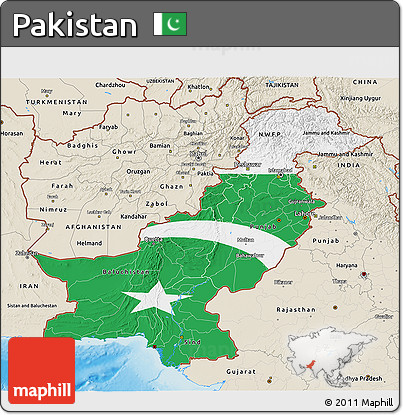 Flag 3D Map of Pakistan, shaded relief outside, flag rotated