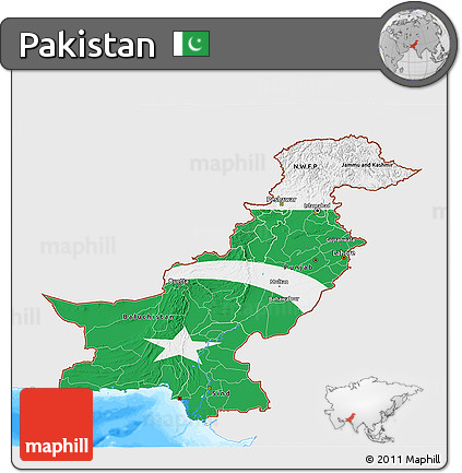 Flag 3D Map of Pakistan, single color outside, bathymetry sea, flag rotated